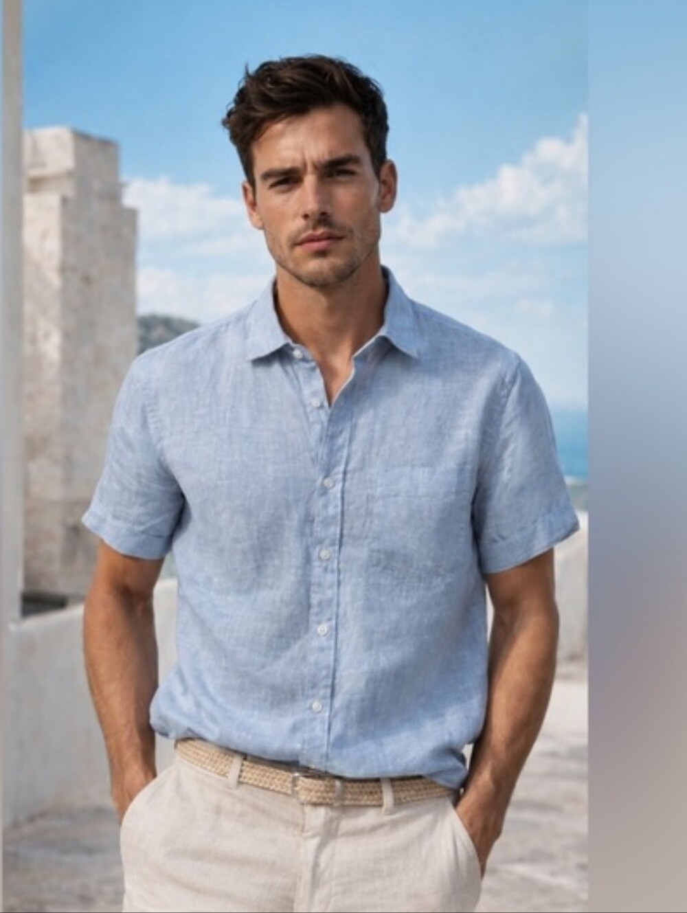 Thom Aaron Men's Light Blue Linen Short Sleeve Shirt M